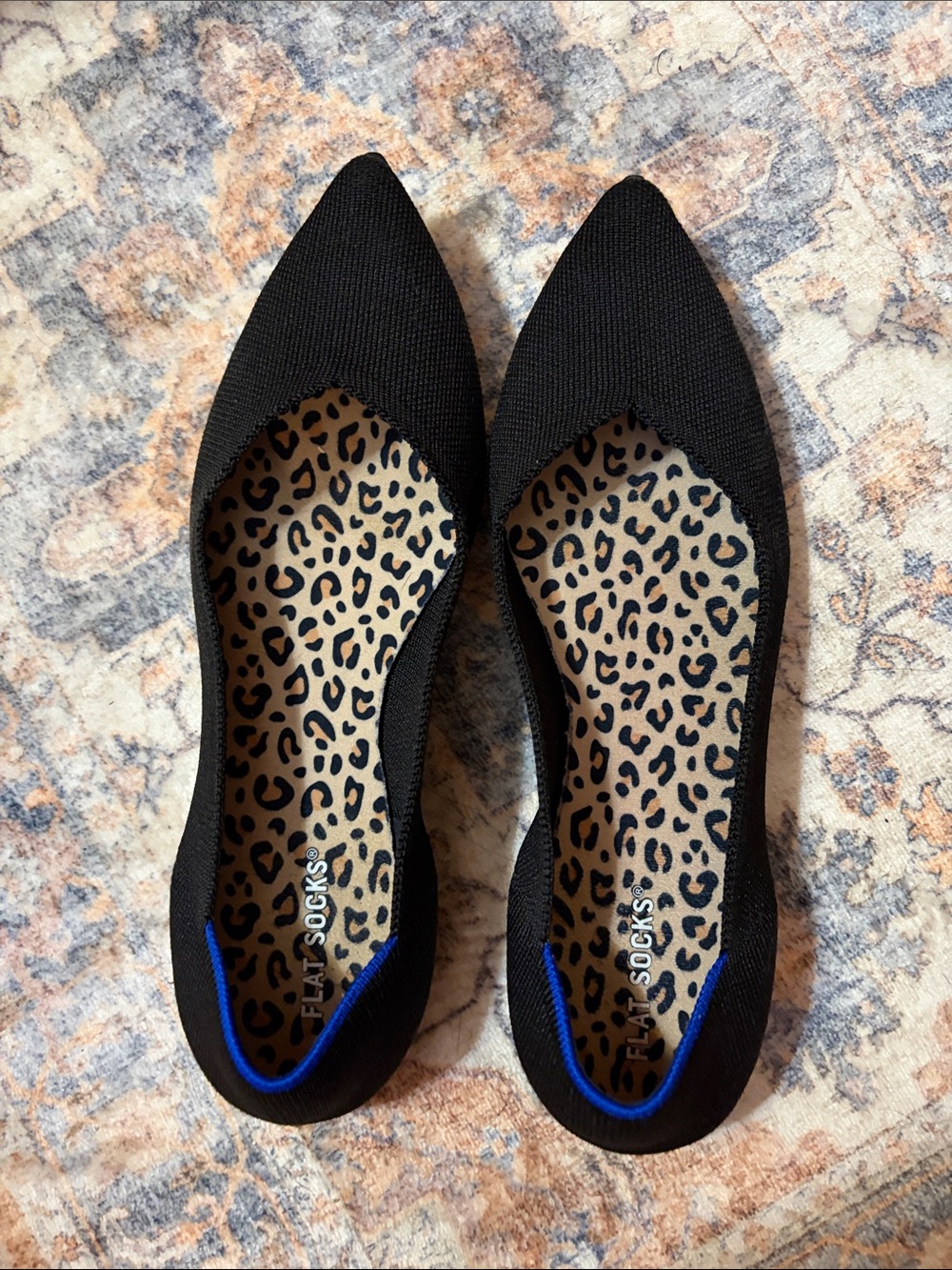 Rothy's Black Pointed-Toe Knit Flats with Leopard Insole